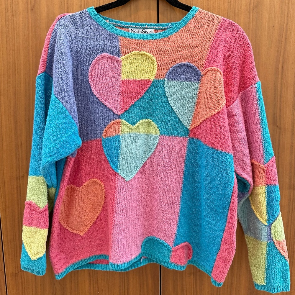 Vintage colorblock hearts knit sweater